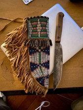Native Indian Style Beaded Handmade Hide Knife Sheath Sioux Beaded Knife Cover picture