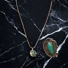 Vtg Native Amer Deutsawe Zuni 925 Turquoise Pendant Necklace & Cocktail Ring 5.5 picture