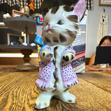 Porcelain Cat Figurine with pink flower on hat, Pink Polka Dot Robe, Blue Bow picture