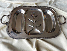 Silver Plate 3-Section mean Serving Tray Platter with Handles and gravy wells picture