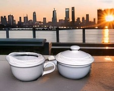 Pfaltzgraff  Acadia Bay Blue Embossed Woven Band Sugar Bowl Lid Creamer 3-PC Set picture