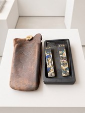 Chinese Calligraphy Inkstone & Shexian Factory Ink Stick Set w/ Leather Pouch picture