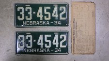NOS 1934 NEBRASKA LICENSE PLATES 33-4542 PAIR JEFFERSON COUNTY 34 VEHICHLE PLATE picture