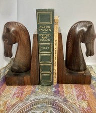 Vintage MCM JEAN GILLON WOOD HORSE HEAD BOOKENDS Pair Brazil Rosewood 1960's picture
