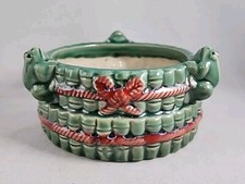 Toad Frog Bambo Ceramic Planter Rope Bow Green Red Round - 6
