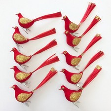 Vtg Red Flocked Bird Clip On Christmas Ornament Lot Gold Glitter Japan MCM 1960s picture