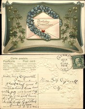 Birthday vintage Art Nouveau beautiful shamrocks horseshoe 1910 to Cryswell picture