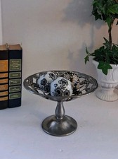 Vintage Silver-Plated Compote Dish with 3 Black & White Decorative Orbs picture