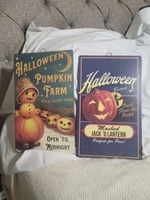 2 Vntg Halloween Metal Signs Pumpkins/JOL 15 1/2
