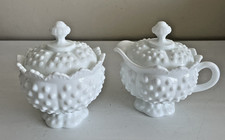 VTG Fenton Hobnail Milk Glass Scalloped Cream and Sugar Set Lids White Pre-Logo picture