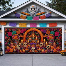 Dia De Los Muertos Garage Door Cover 16X7Ft Sugar Skull Altar Banner picture