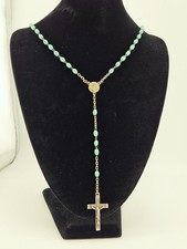 Vintage French Rosary Necklace Turquoise Blue Glass Beads Notre Dame de Liesse picture