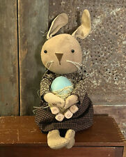 Sweet Grubby Primitive Rustic Country Calico Easter Bunny w Blue Egg Doll 13