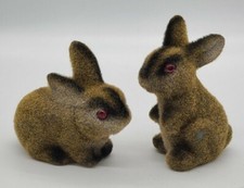 2 Vintage Fuzzy Flocked Pink Eyed Brown Bunny Rabbit Figurines picture