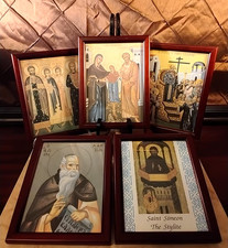 Vintage Byzantine Orthodox Icon Framed Set of 5 - Matching Holy Family Monastic  picture