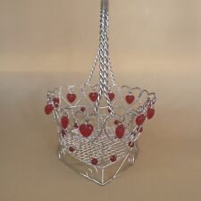 Valentine Heart Shaped Silver Metal Wire Basket Red Beads-8.5”x6”x6.5”-Unused picture