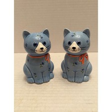 Vintage Otagiri Japan Blue Cat Salt and Pepper Shakers Floral Ceramic Set picture