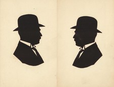 Pair Antique Edwardian Hand Cut Paper Silhouette Postcards Bowler Hat Gentleman picture