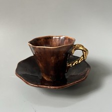 Vtg Studio Art Pottery Demitasse Espresso Cup Saucer Set Brown Gold Gilt Handle picture