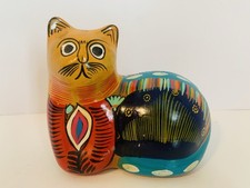 Cat Pottery Statue Tonala Style Mexican Folk Art  Lying Cat Multicolor Floral picture