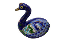 Vintage Small Blue Swan Figurine Brass Handmade Decor Cloisonne 1970s China Art picture