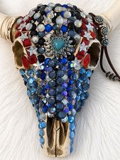 Handmade Patriotic Rhinestone Cow Skull Wall Art Red White Blue Turquoise Heart picture