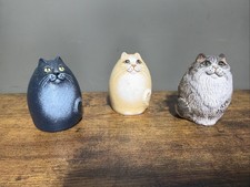 Vintage Hand Painted Ceramic Cat Figurines Blue, Yellow & Brown Cat Set of 3 picture
