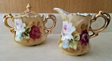 Vintage Lefton China Creamer and Lidded Sugar Bowl Set Heritage Brown/Roses picture