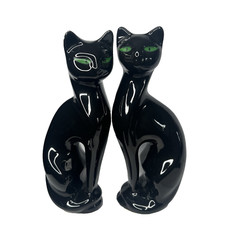 VTG Artmark Fine Ceramic Midnight Shadows Pair of Black Cats Green Eyes 12.5 in picture