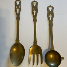 Antique Vintage Set Ornate Brass Serving Utensils Made In India French Country picture