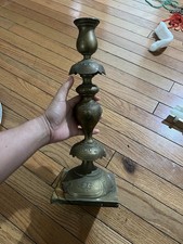 Antique Fraget N Plaque Renaissance Sabbath Brass Gilt Candlesticks - A Pair picture
