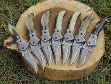 Lot of 10 Handmade Copper Damascus Steel Pocket Folding Knife With W/Sheath  picture