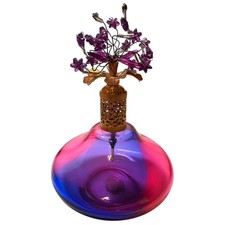 Vintage Irice Pink Cobalt Glass Perfume Atomizer Glass with Flower Top picture