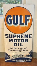 GULF Supreme Motor Oil Vintage Used Porcelain Sign, 48” x 22.5” picture