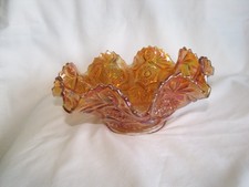 Vintage Marigold Carnival Glass Handkerchief Ruffled Bowl Iridescent Glass 8” picture