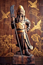 Vintage Chinese Guan Gong Yu Statue Wood Carved Warrior God w/ Guandao 18.5