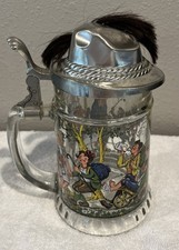 Vintage BMF N West Germany Glass Beer Stein Hat Lid w/plume & Bavarian Scene e5 picture