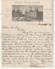 1882 Grand Union Hotel NY City  Illustrated Letterhead Content Wine Sales picture