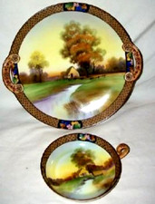 Antique Noritake Nippon HP Porcelain Plate Bowl Bold Colors Japan Moriage Set picture