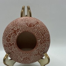 Carved Art Pottery Donut Vase Brown & White Bird Design Decorative Abstract picture