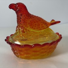 Vintage LG Wright Amberina Glass Bird w/Berry on Nest-Basketweave Base-Reactive picture