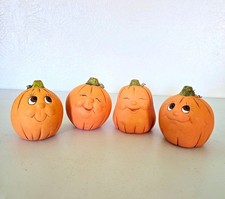 Set of 4 Vintage Hand Painted Ceramic Pumpkin Figurines, Small 4in Orange/Green picture