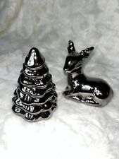 Silver Tone Ceramic Christmas Table Tree & Deer Salt & Pepper Shakers Metallic picture