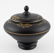 Vintage Mid Century Neoclassical Italian Tole Black & Gold Lidded Urn. picture