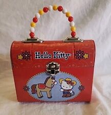 2007 Sanrio Hello Kitty Cow Girl Pony Red Tin Box Purse Paisley picture