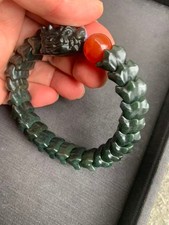 Hand Carved Rare Chinese HeTian Dark Green Jade *Dragon* Beads Bracelet picture