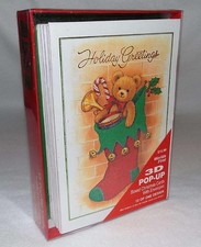 12 Vintage 1999 Christmas Cards 3-D Pop-Up Stocking Bear Presents Boxed Set NOS picture