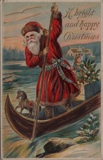 Rare~ Santa Claus in Canoe~Boat~with Toys~Antique~Emboss Christmas Postcard~s886 picture