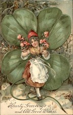 New Year's Girl in Clover Blossom Fantasy Embossed c1900s-10s Vintage Postcard picture