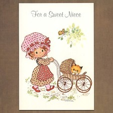 Unused Vintage SUSANNA LEIGH Drawing Board Niece Birthday Card, Girl Cat Wagon picture